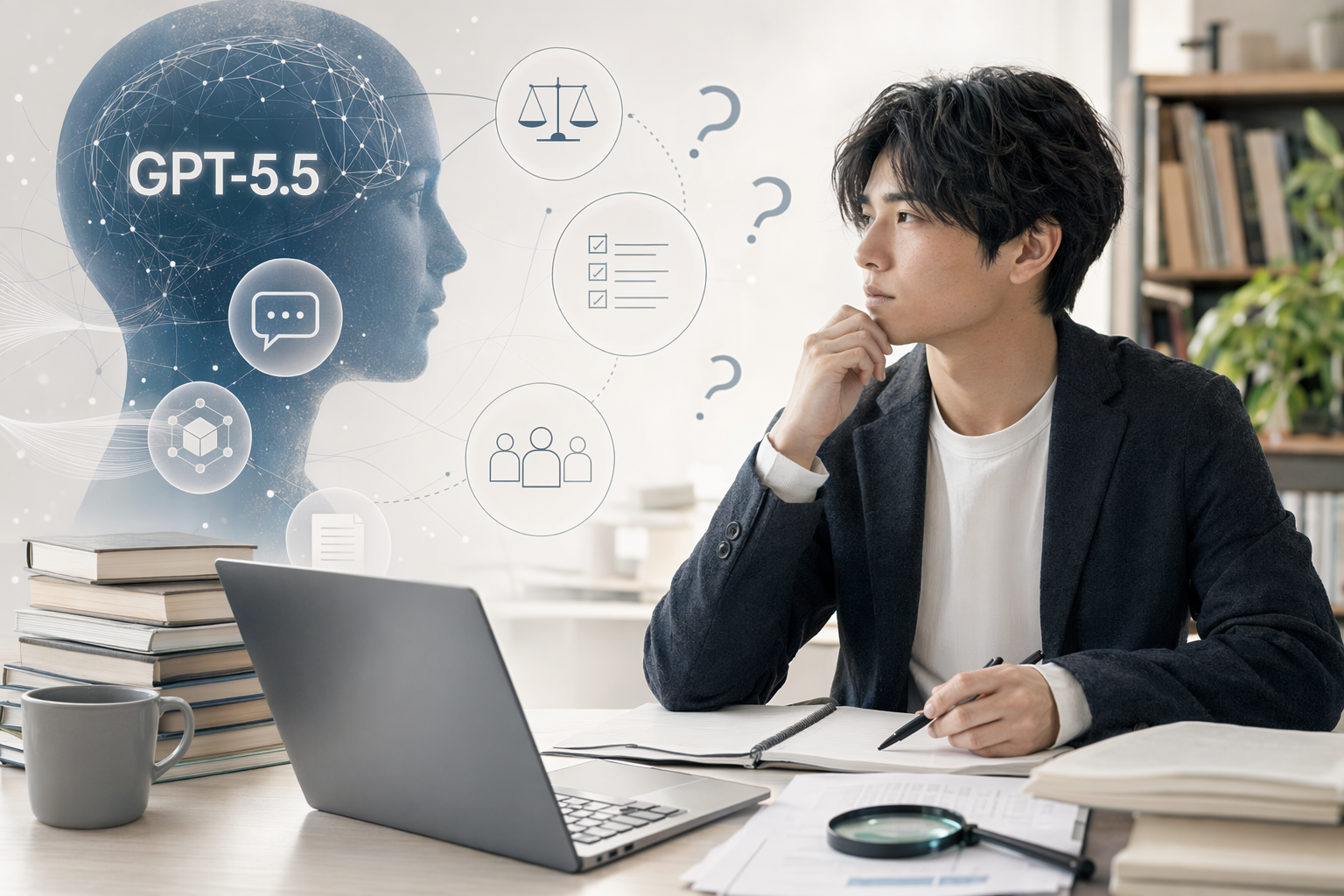 スマートフォン上のAIチャットアプリとGPT-5.5の表示をイメージした抽象的なビジュアル
