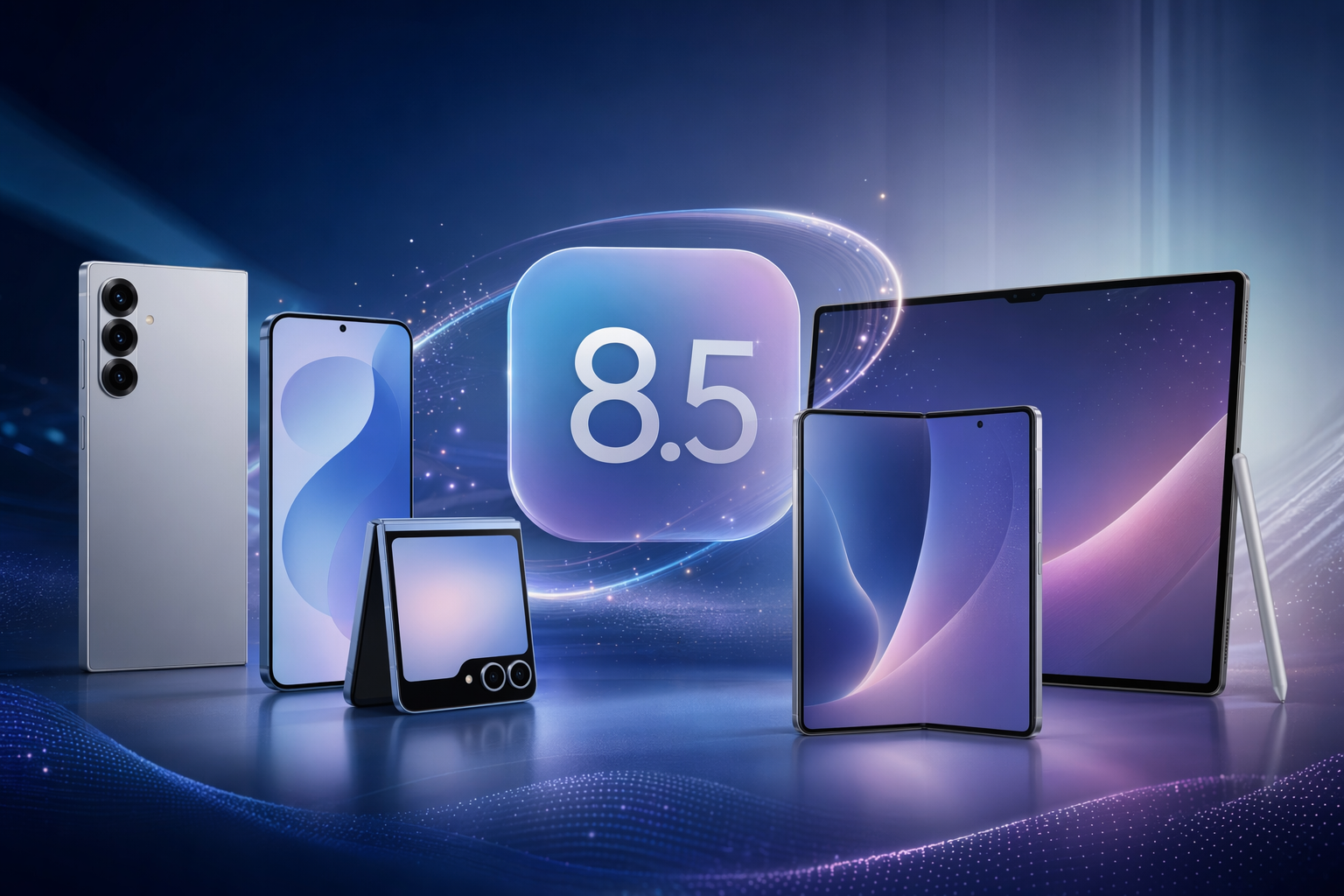 AI-generated illustration of Galaxy phones and tablets with One UI 8.5 Galaxy AI interface elements
