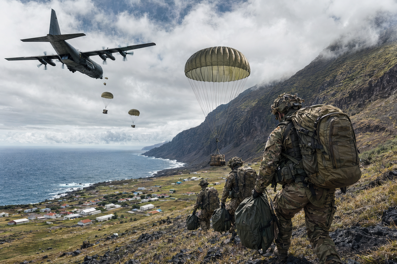 AI-generated illustration of military medics parachuting toward a remote South Atlantic island during a medical emergency