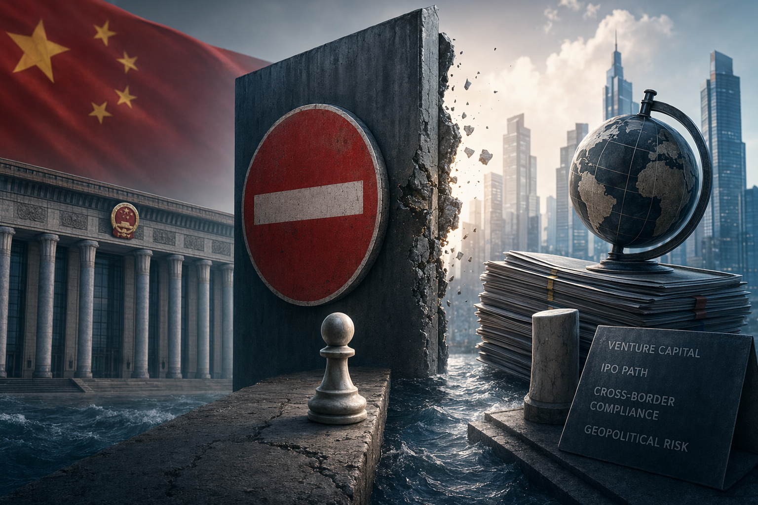抽象全球科技地圖上，中國與海外市場之間的 AI 交易路徑被監管警示標記分隔