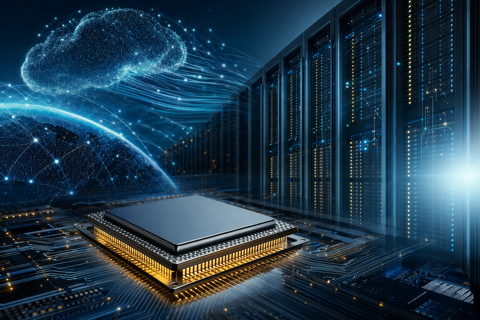Illustration of AI data-center racks and server CPUs representing agentic AI infrastructure.