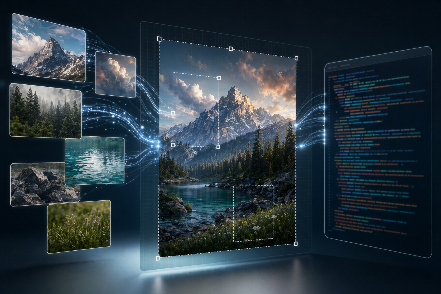 Abstract AI editing workspace showing multiple image inputs flowing into one edited result