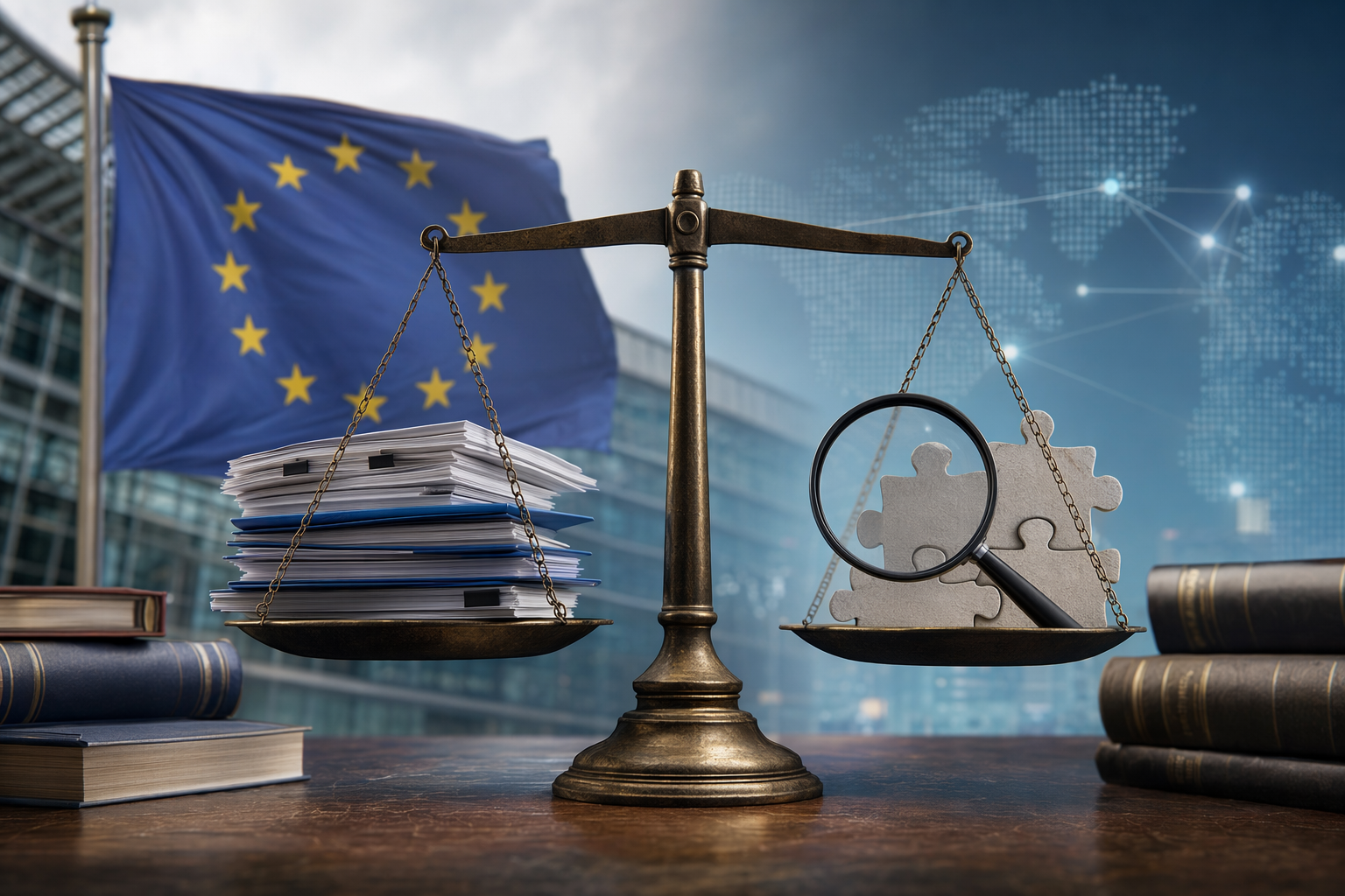 Editorial illustration of Google Search, EU regulation, and publisher content under review