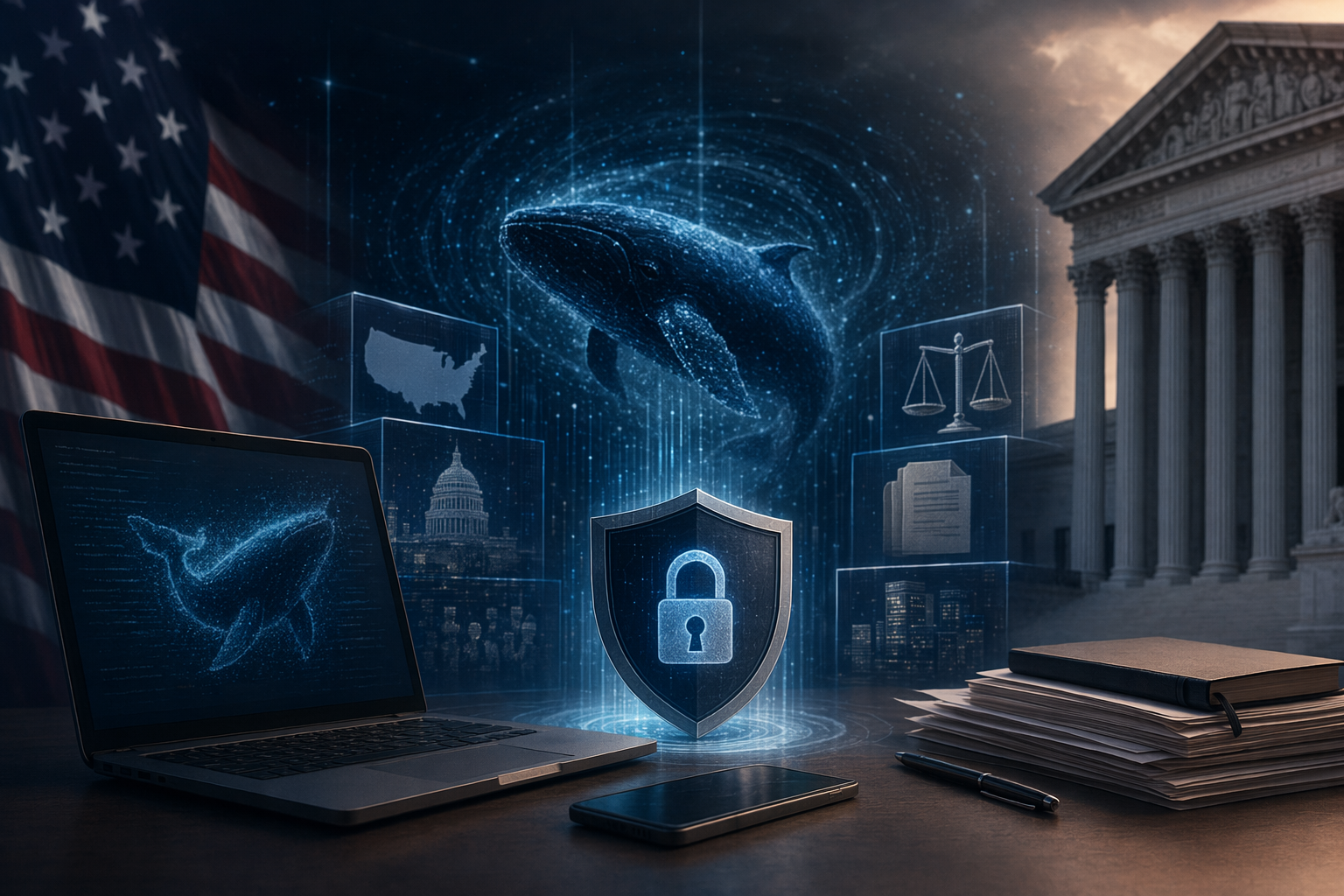 AI-generated illustration of a person weighing DeepSeek V4 privacy and work-device risks in the U.S.