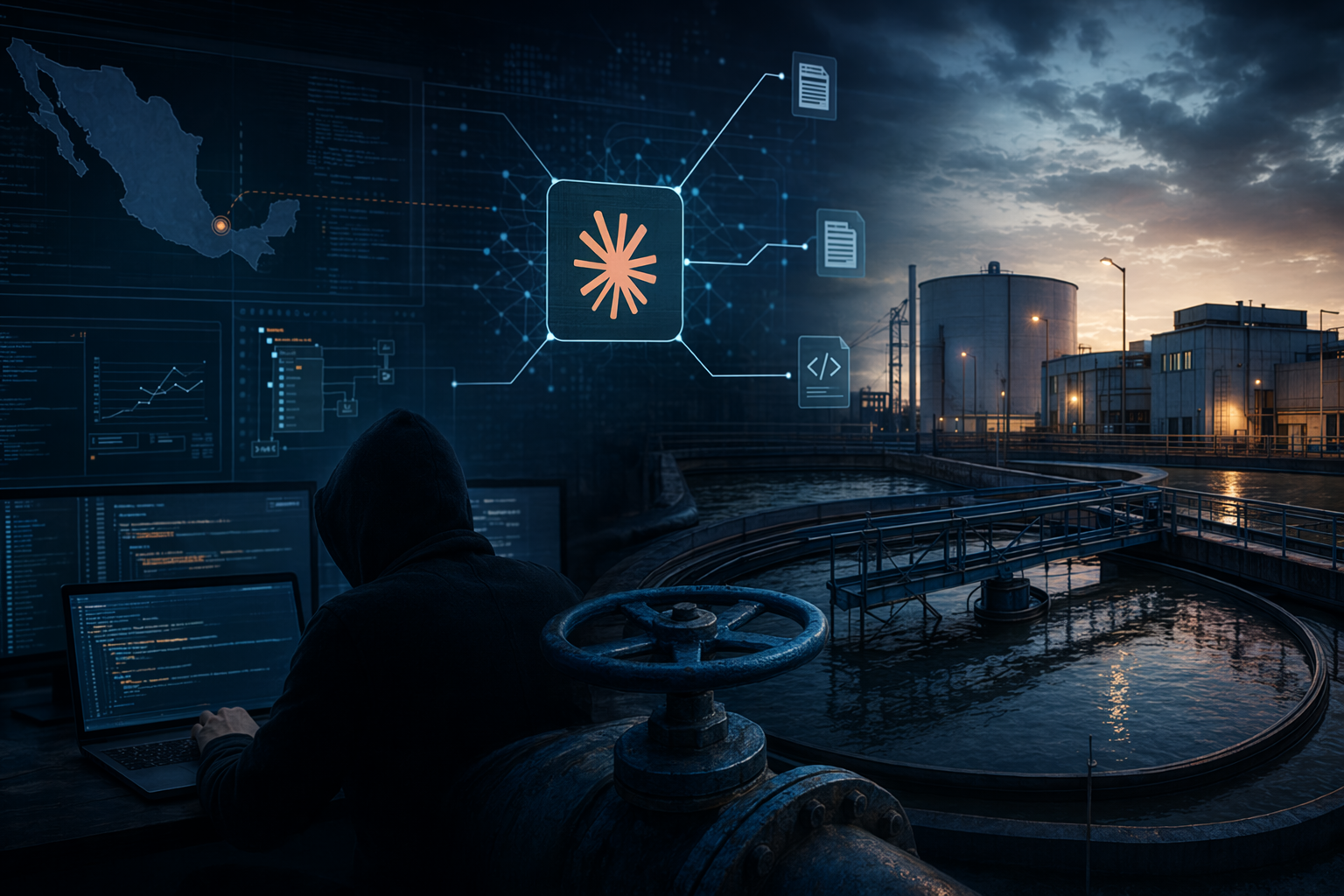 AI-generated illustration of an AI assistant interface over water utility control panels