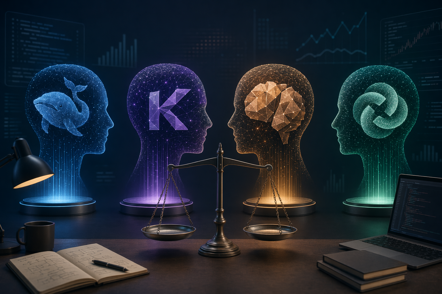 Illustration eines Benchmark-Dashboards für DeepSeek V4, Kimi K2.6, Claude Opus 4.7 und GPT-5.5