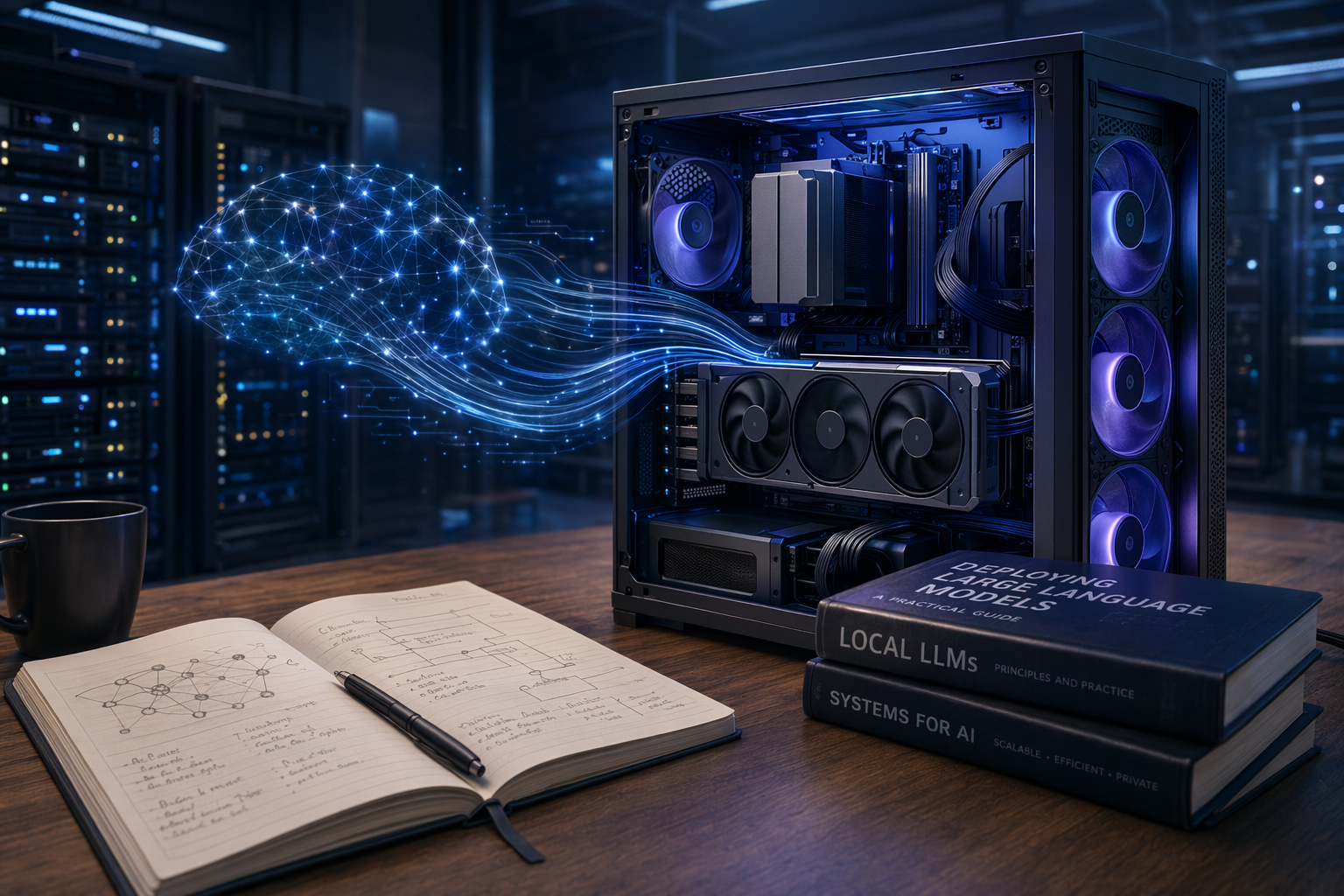 Editorial illustration of Kimi K2.6 local deployment infrastructure with servers and AI nodes