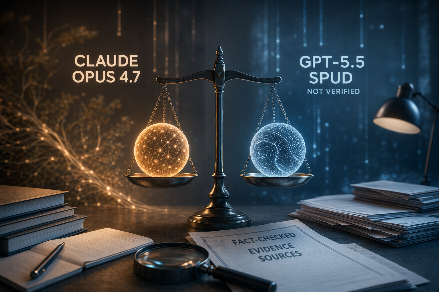AI-generated editorial illustration of Claude Opus 4.7 and an unverified GPT-5.5 Spud comparison with hallucination evidence