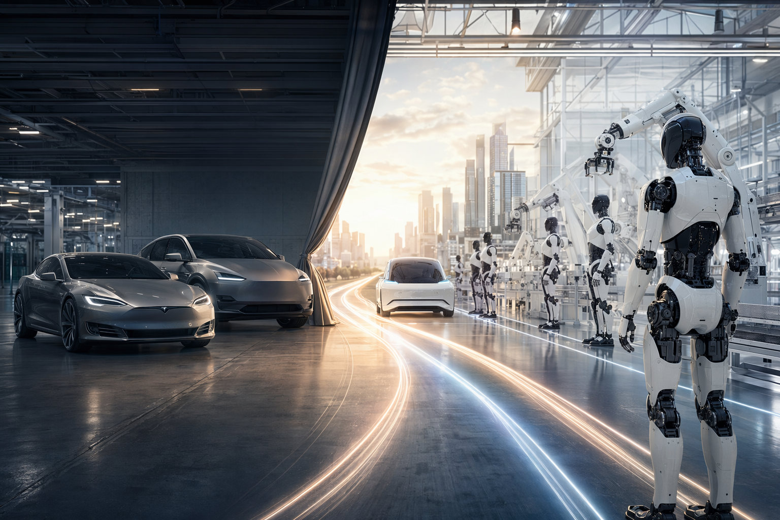 Editorial illustration of a Tesla vehicle beside a humanoid robot, symbolizing the shift from Model S and Model X production toward autonomy and Optimus.