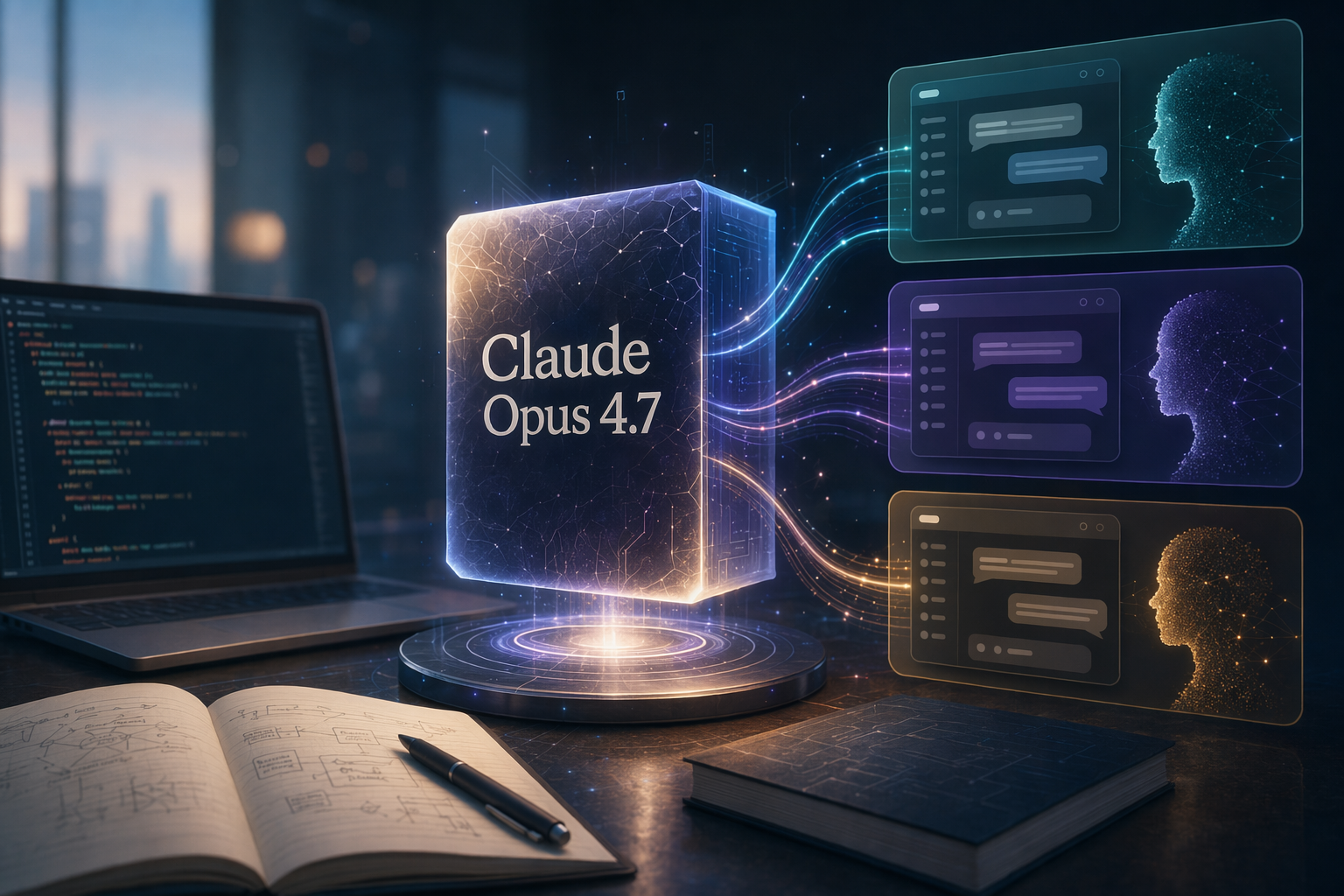 Illustration of AI app cards for testing Claude Opus 4.7 free trial options