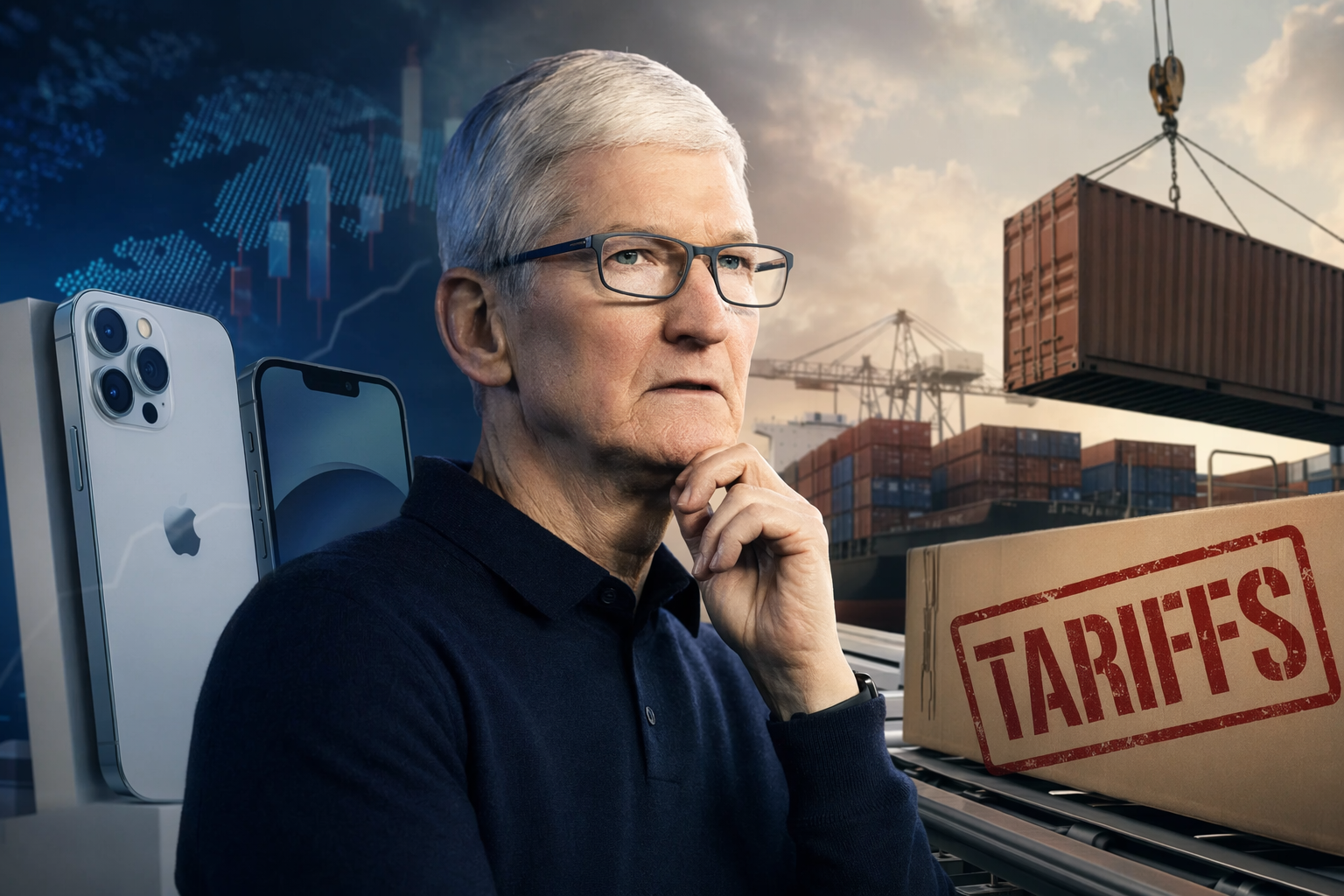 Illustration zu Apples Zollrisiko mit Apple-Store, Finanzdiagrammen und globaler Lieferkette