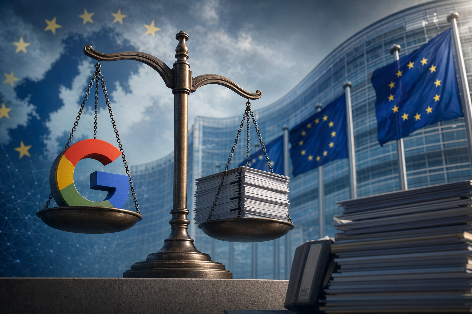 Editorial illustration of EU regulators weighing a Google fine amid digital enforcement pressure