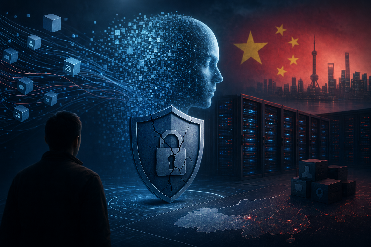 Minh họa người dùng cân nhắc rủi ro quyền riêng tư và bảo mật khi dùng DeepSeek