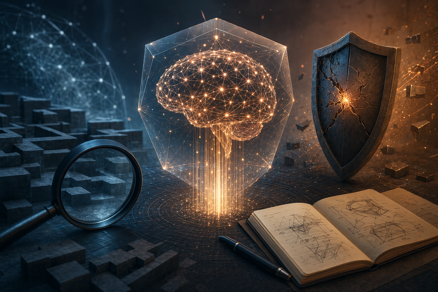 Abstract editorial illustration of Claude Mythos Preview with AI model and cybersecurity motifs