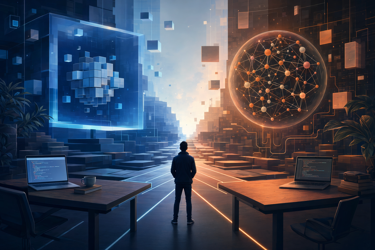 Ilustrasi perbandingan workflow coding AI antara Codex dan Claude Code