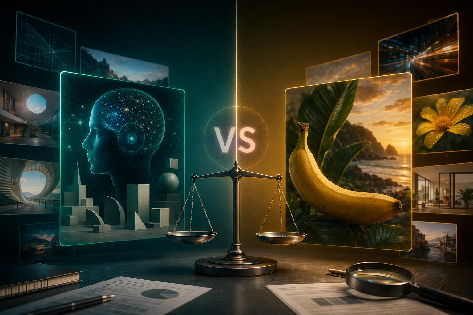GPT Image 2와 Nano Banana Pro를 비교하는 AI 이미지 모델 벤치마크 일러스트
