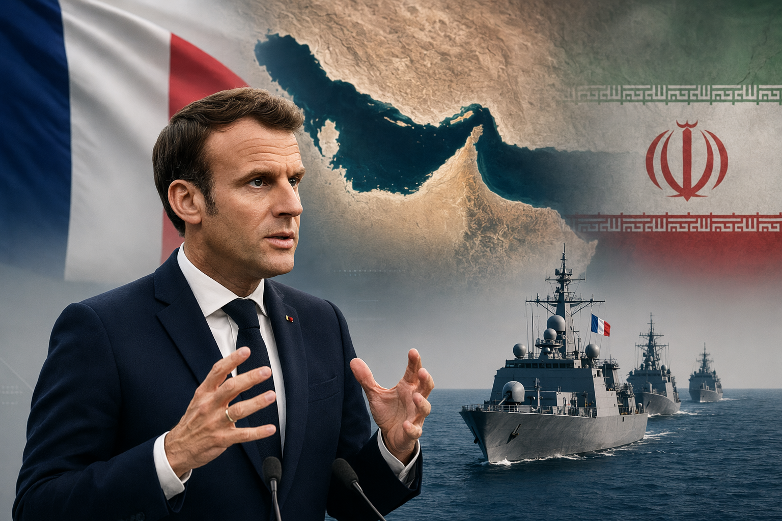 AI-generated editorial illustration of Emmanuel Macron and naval ships near the Strait of Hormuz