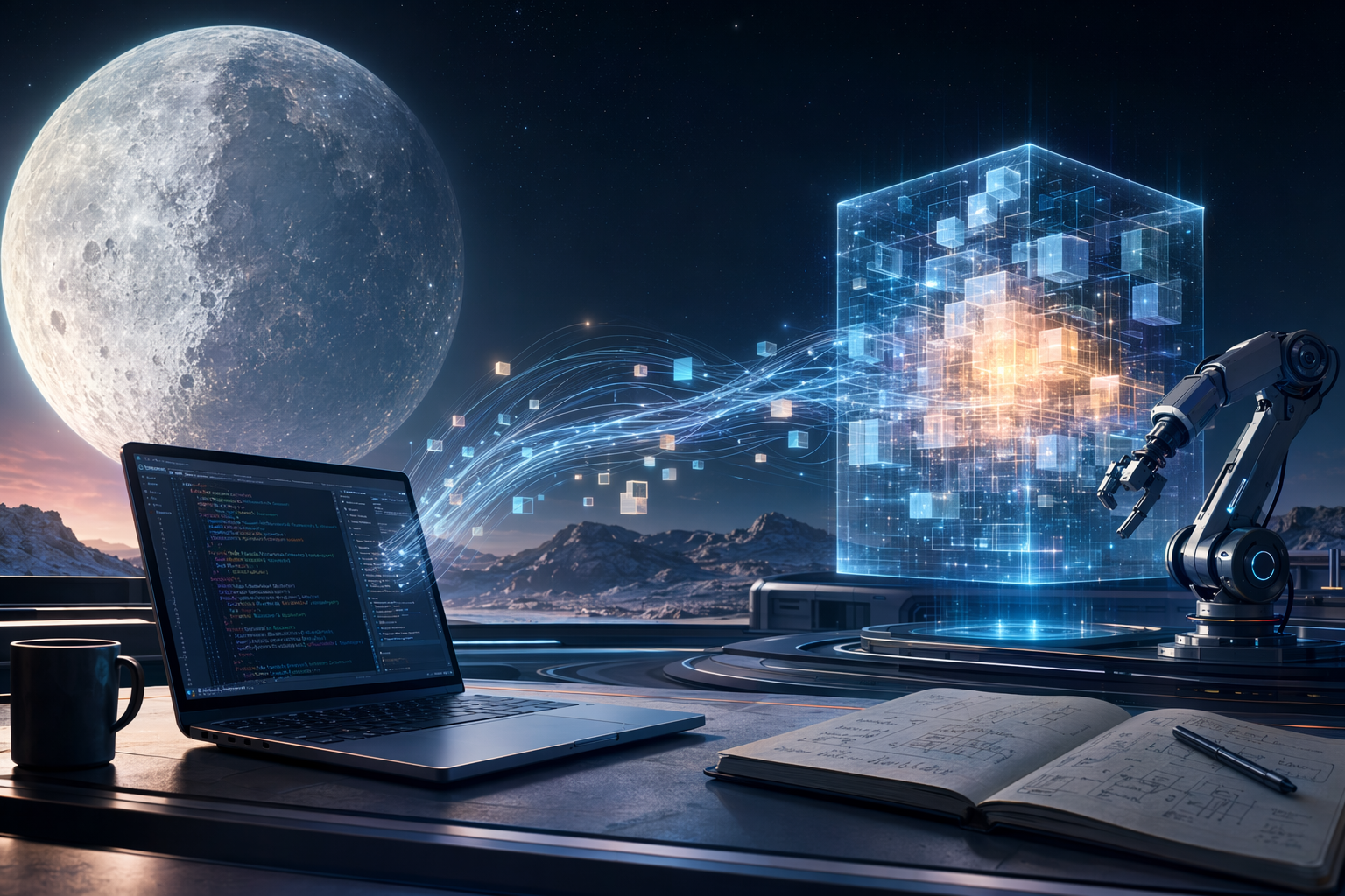 Abstract illustration of Kimi K2.6 as a coding-focused AI model being evaluated against software benchmarks