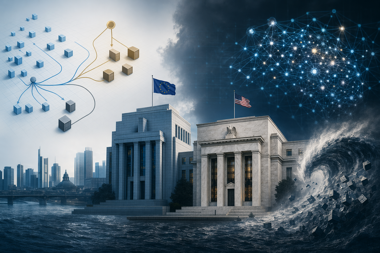 Abstract illustration of AI systems influencing financial markets during a market shock
