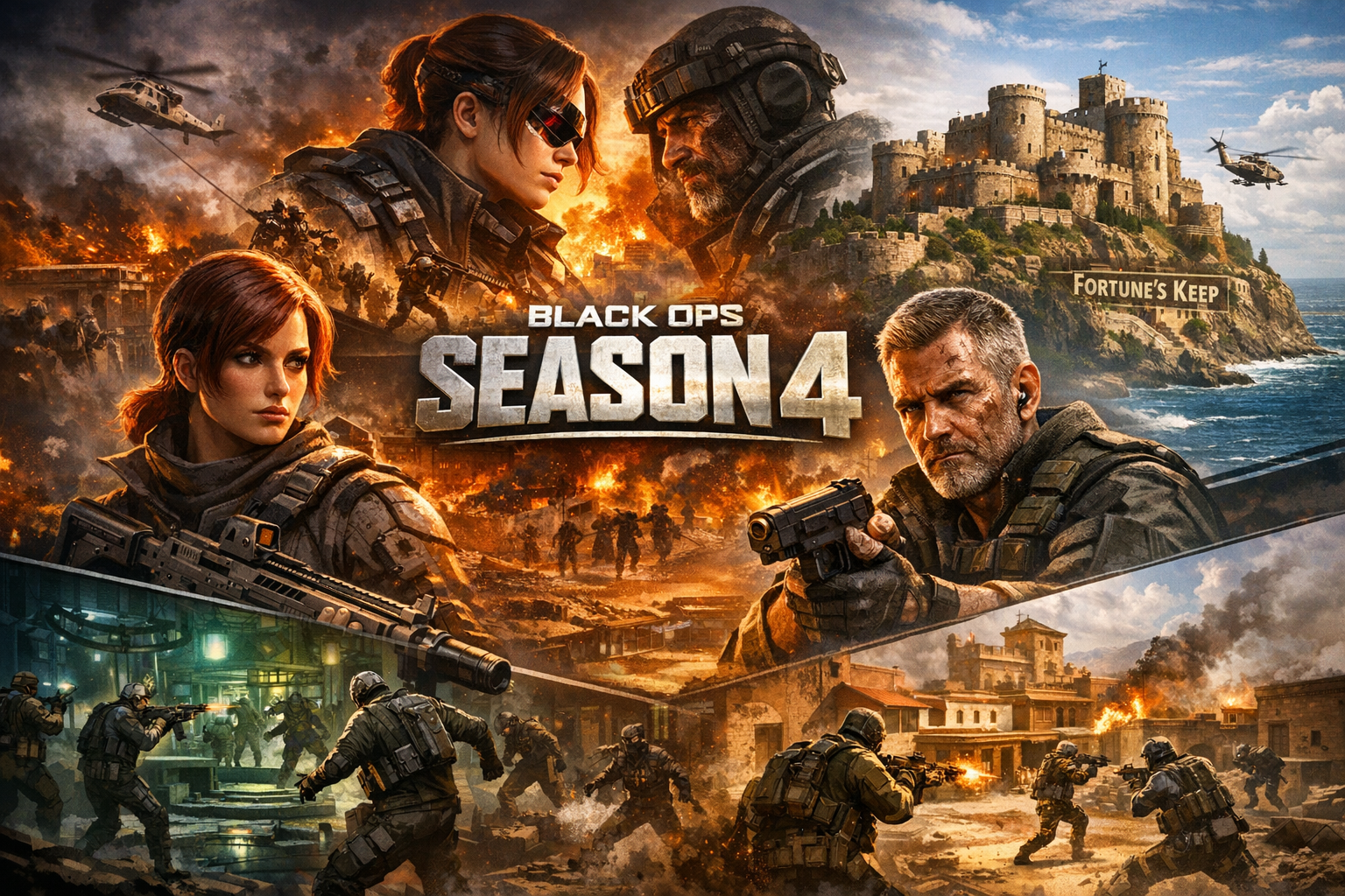 Black Ops 7 Säsong 4 nyckelkonst som visar uppgörelsen mellan Karma och Dorne samt återkomsten av Fortune's Keep, som lanseras den 4 juni 2026.