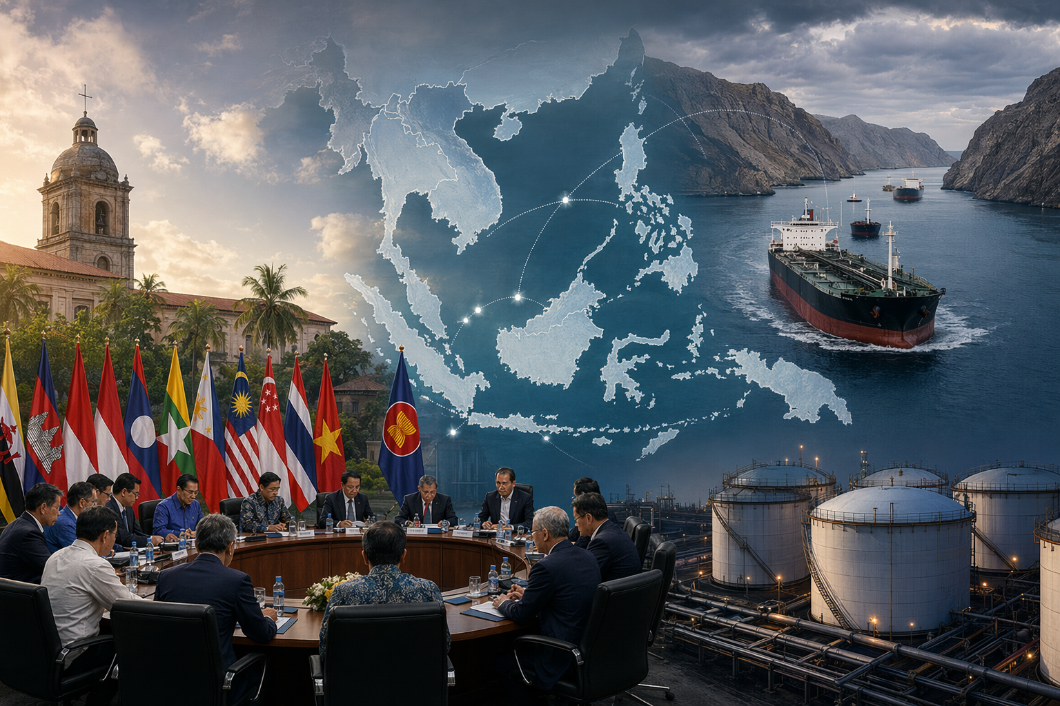 Editorial illustration of ASEAN leaders discussing fuel sharing during a Strait of Hormuz oil disruption