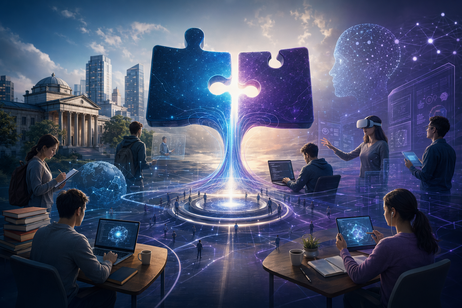 Editorial illustration of online learners using AI skills dashboards after the Coursera and Udemy merger announcement