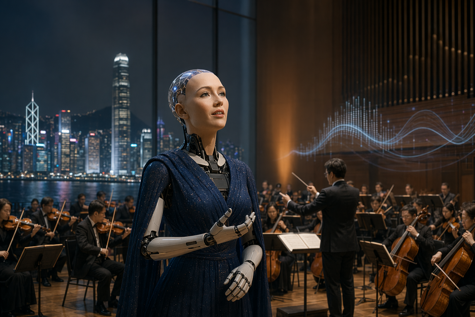 人形機械人 Sophia 站在交響樂團前的 AI 音樂會概念圖