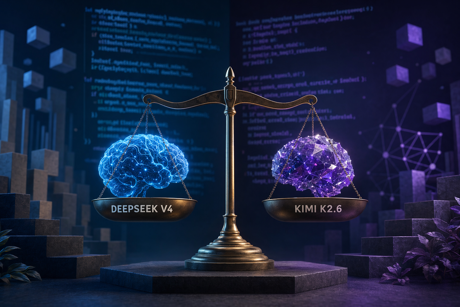 DeepSeek V4와 Kimi K2.6의 코딩, 콘텐츠, 번역 벤치마크를 비교하는 추상적 AI 그래픽