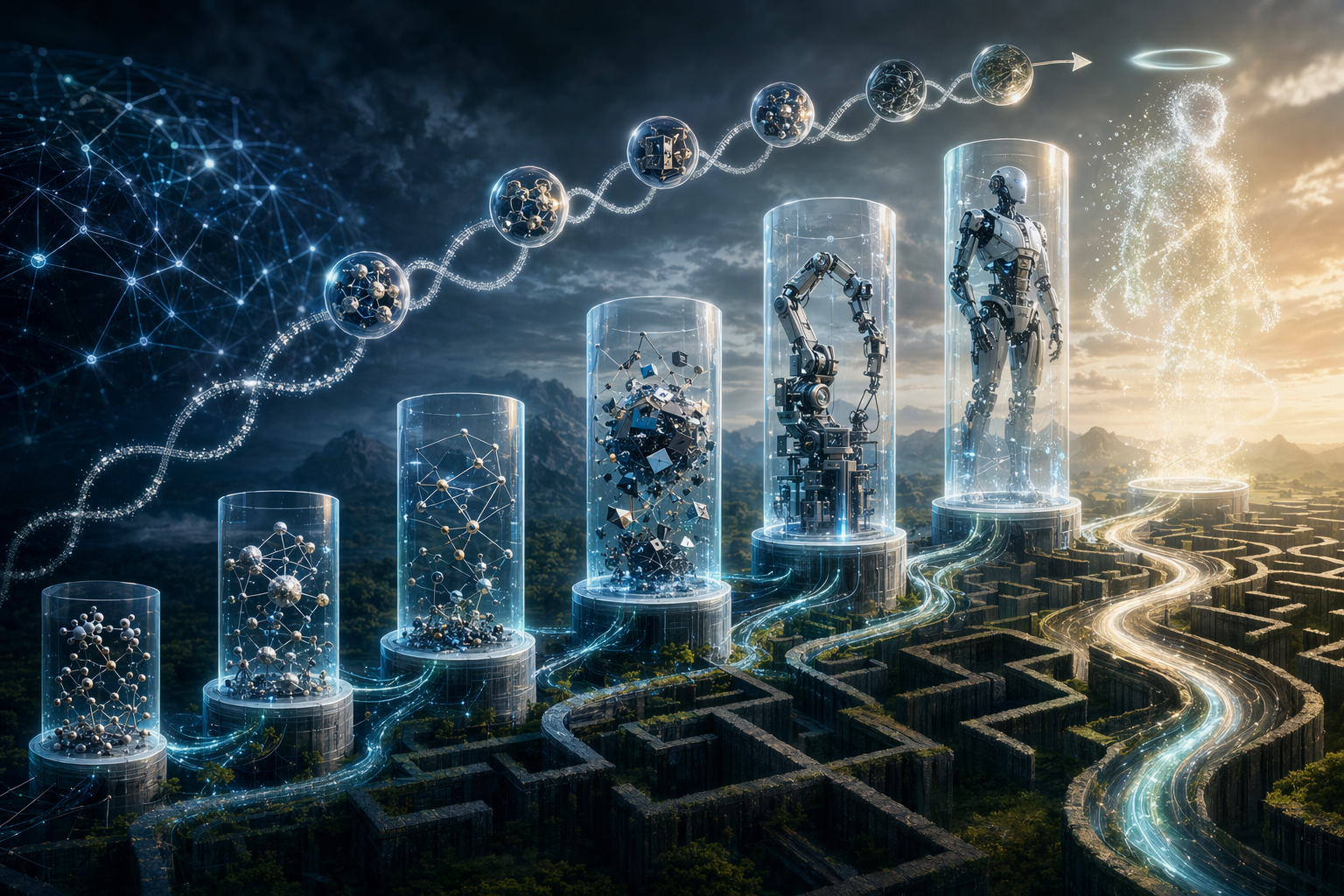 抽象數碼網絡中，多個 AI 代理節點像生物族群一樣複製和演化的概念圖