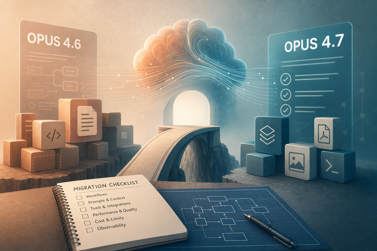 開發者檢查 Claude Opus 4.7 遷移 workflow、API 參數與 token 成本的抽象示意圖