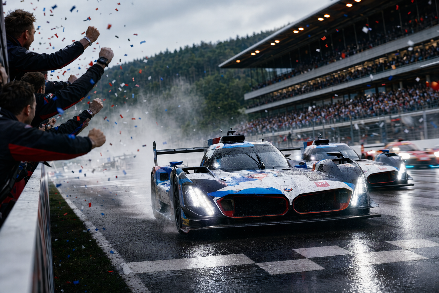 AI-generated illustration of Hypercar prototypes racing at Spa-Francorchamps after BMW M Team WRT’s 2026 1–2 finish