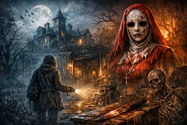 Atmospheric survival-horror scene inspired by Remothered: Red Nun’s Legacy, featuring a mysterious red-clad nun in a decaying interior