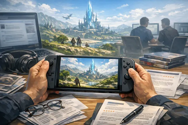 Final Fantasy XIV adventurers exploring Eorzea on Nintendo Switch 2 in handheld mode