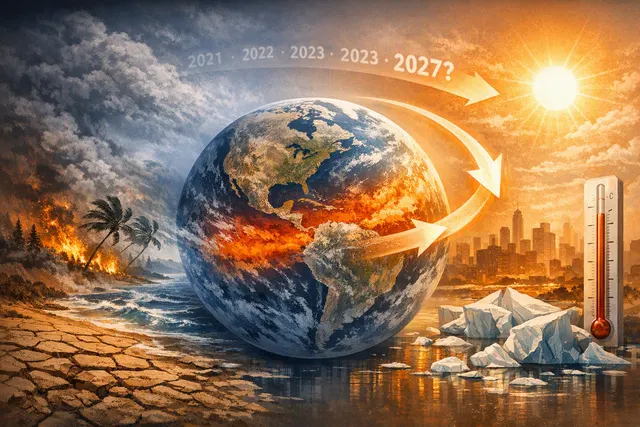 Conceptual image of Earth with a glowing equatorial band and storm swirls representing an intense El Niño event and its global climate impact.