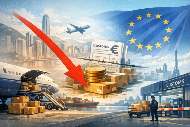 Air cargo planes at a tarmac representing the decline in freight volume between Asia and Europe after the EU's €3 customs duty on low-value imports
