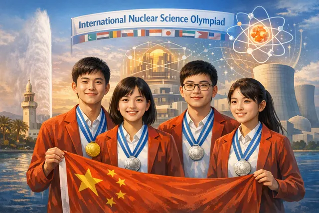 Illustrative image of a four-student Chinese team holding medals after its debut at the International Nuclear Science Olympiad in Jeddah