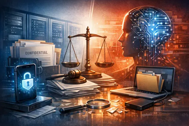 Editorial illustration of Apple and OpenAI in a trade-secrets dispute over AI hardware