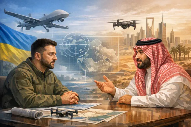 An abstract illustration of two flags, one representing Ukraine and one representing Saudi Arabia, with a digital network of connections and a silhouette of a drone, symbolizing th