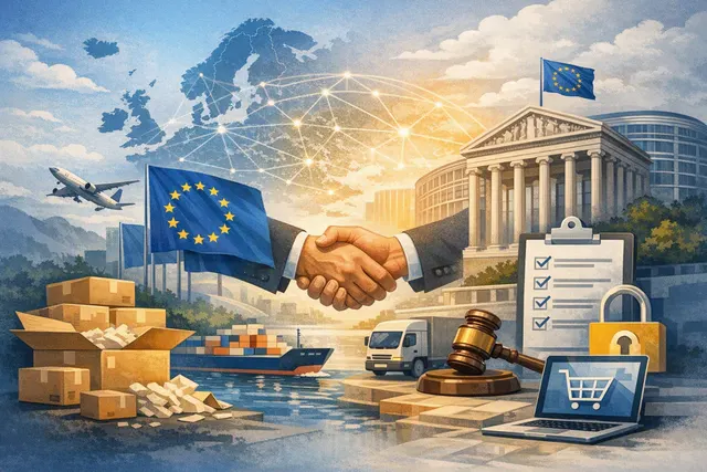 Abstract illustration of Temu joining Cross-Border Commerce Europe with EU regulatory symbols in the background