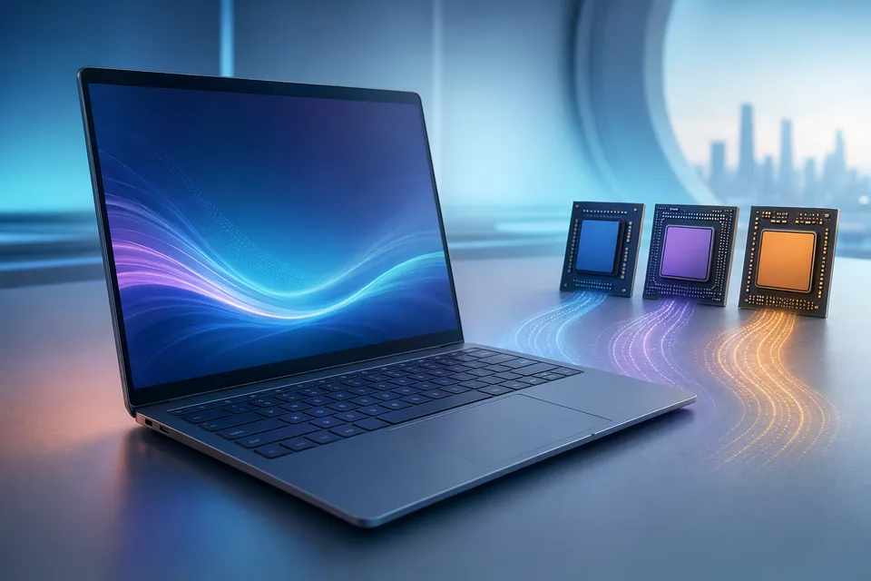 Concept illustration of Googlebook AI laptop running Gemini-powered Android-based operating system