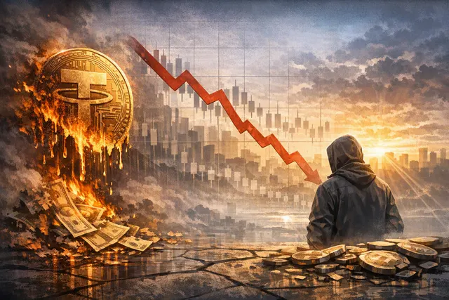 Graphic of a downward-trending USDT market cap line with falling towers representing lost billions, set against a dark crypto market background.