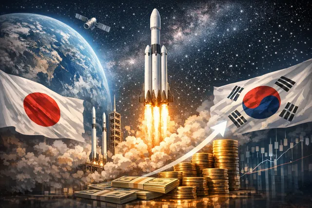 Digital illustration of the SpaceX IPO with a glowing Nasdaq ticker SPCX, dollar signs, and the flags of Japan and South Korea highlighting contrasting market access amid a $75 bil