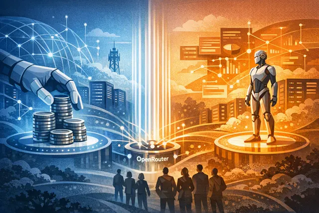 Editorial illustration of OpenAI and Anthropic competing through AI model gateways, pricing, and developer adoption