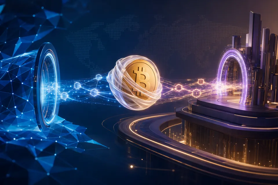 Illustration of wrapped Bitcoin liquidity connecting to the Tempo payments blockchain through Chainlink interoperability
