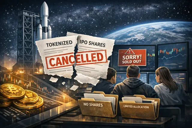 Crypto exchange tokenized SpaceX IPO offering collapse aftermath showing empty allocation charts and failed blockchain-to-equity pipeline