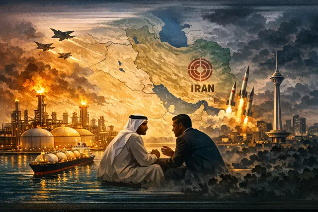 Qatar's Ras Laffan Industrial City with gas processing facilities and flames, illustrating the March 2026 Iranian missile strike that caused extensive damage to the world's largest