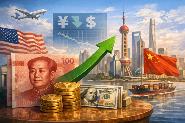 Illustration of the Chinese yuan strengthening against the U.S. dollar near 6.74