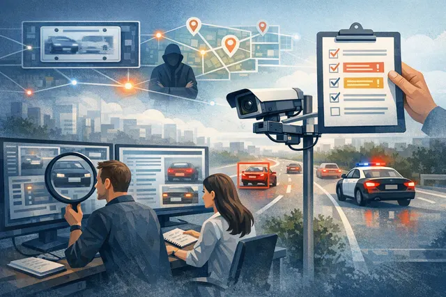Abstract digital illustration of a surveillance camera over a city street with data lines, representing Flock's ALPR and audit system