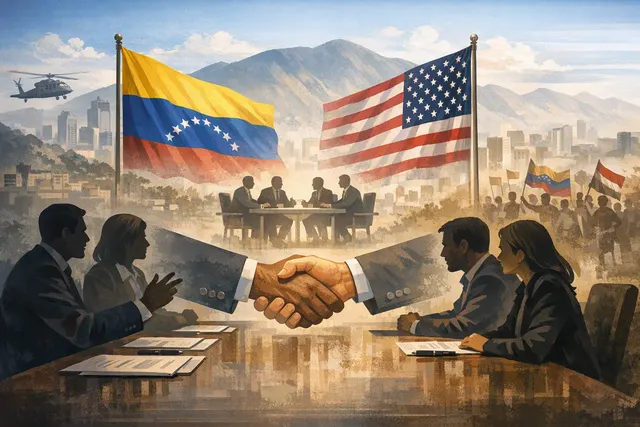 AI-generated editorial illustration of Venezuela's government and opposition negotiators meeting in Caracas after twin earthquakes, with gold bars in the background symbolizing the