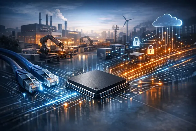 Editorial illustration of secure 10BASE-T1S Ethernet connecting industrial edge devices through NXP MCX A5 microcontrollers